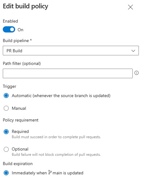 The Azure Devops pane to set up a branch policy to enforce a successful build in order to complete a PR